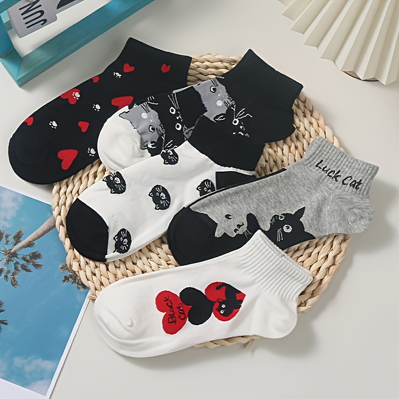 5pairs Minimalist Womens Mens Cute Ankle Socks Adorable Cat