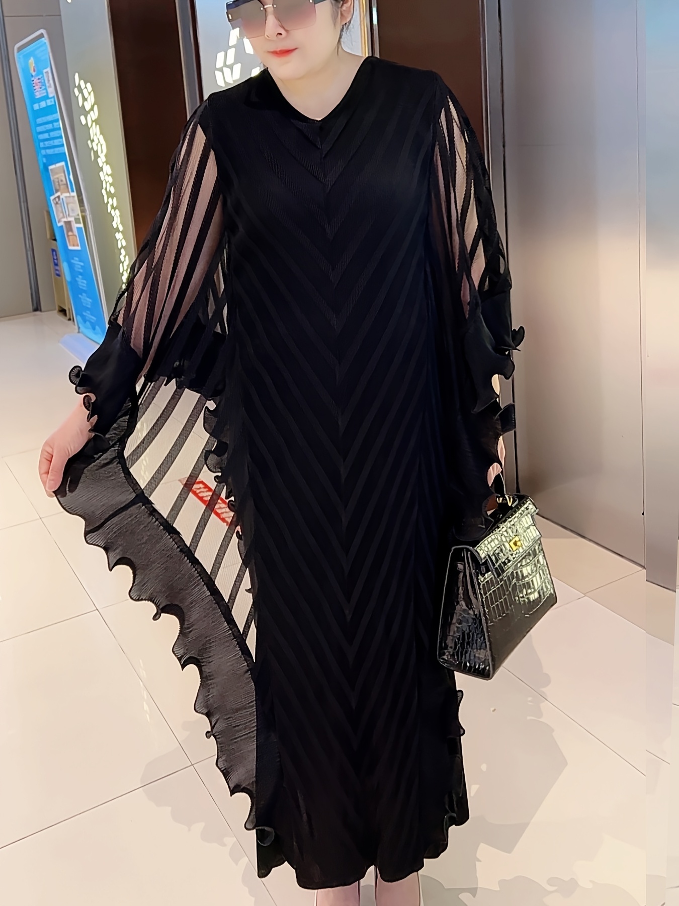 Plus Size Elegant Pleated Maxi Dress - White, Long Sleeve, V-Neck, Asymmetrical Hem, Petal Sleeve Design, Stylish and Comfortable for All Seasons, Allseason Dress|Elegant Pleated Dress|Stretchy Fabric