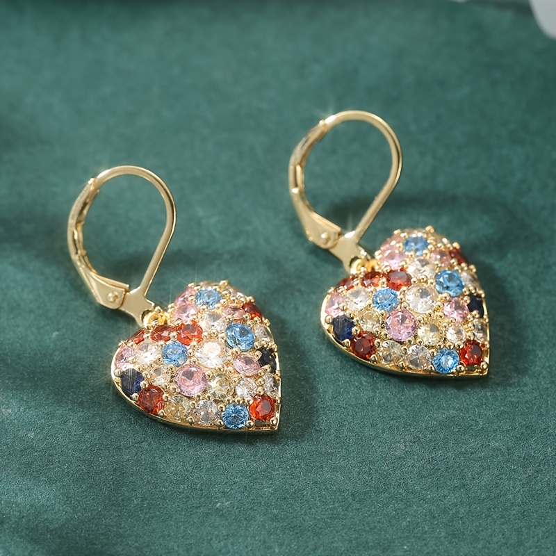Image of Golden Color Heart Hoop Earrings For Women Shining Synthetic Rainbow Cubic Synthetic Zirconia Leverback Drop Earrings Wedding Hypoallergenic Jewelry