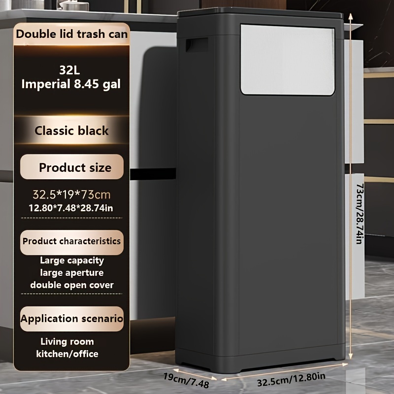 TEMU 32l/25l Dual Lid Waste Bin, High-capacity Modular , Push And Slide Opening, Suitable For Kitchen, Bathroom, Living Room, Bedroom - Black Plastic Trash Container With Multiple Specifications