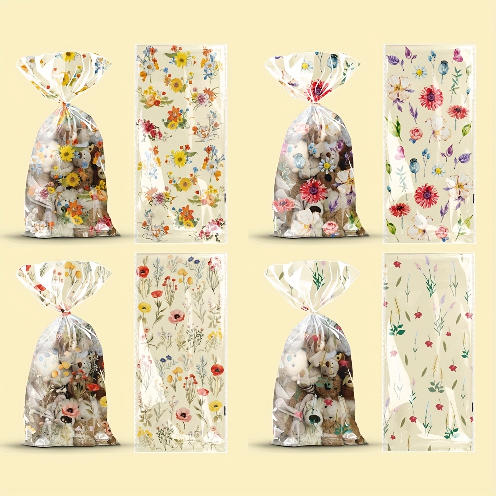 E-shop 50 Stk. Wildblumen-Party-Zellophan-Beutel, florale Süßigkeitentüten, durchsichtige Plastik-Geschenktüten mit flachem Boden für Babyparty,