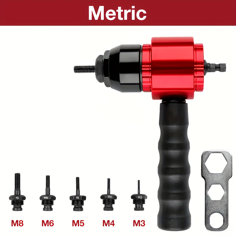 Image of Inch + Metric Rivet Nut Gun Set, Household Cordless Electric Rivet Nut Gun Adapter, Insert Nut Tool Rivet Gun, 1/4-inch Hexagon Handle Interface 1/4 10-24 10-32 6-32 8-32 / M3 M4 M5 M6 M8