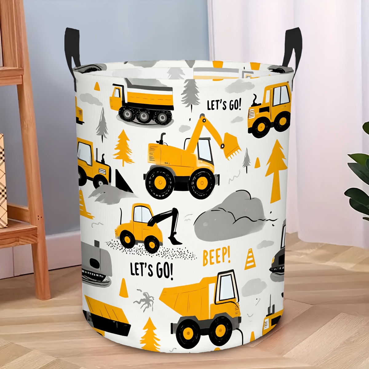 TEMU 1pc, Truck Digger Cartoon Pattern Laundry Basket Round Foldable, Organizer Bin For Clothes And Sundriess, Closet Storage Hamper For Bathroom And