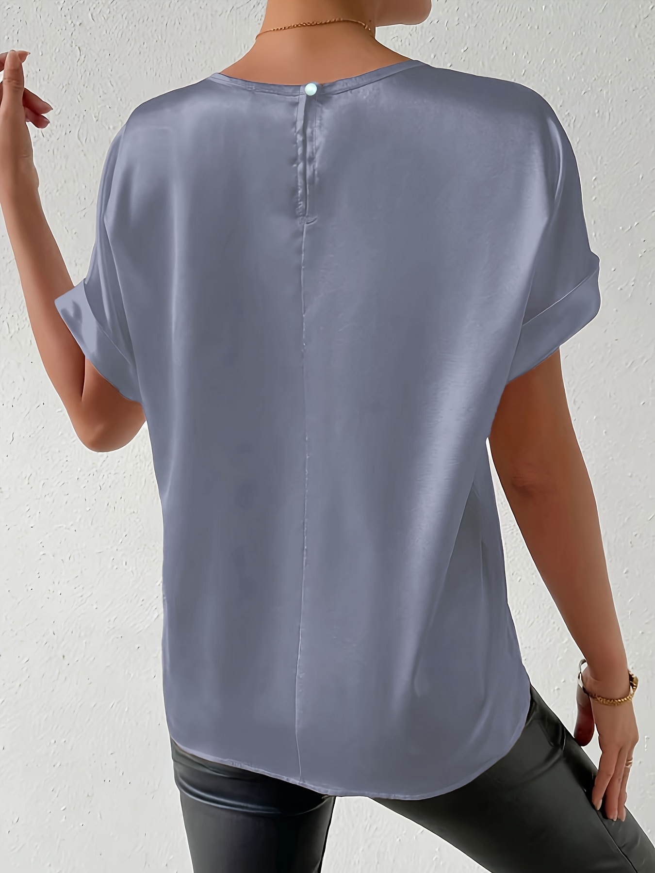 Women'S Plus Size Light Blue Woven Blouse - Elegant Short Sleeve Crew Neck, Solid Color, Non-Stretch Fabric, Perfect for Summer, Casual Summer Wear|Sleek Fitted Look|Nonstretch Material, Plus Size Blouses