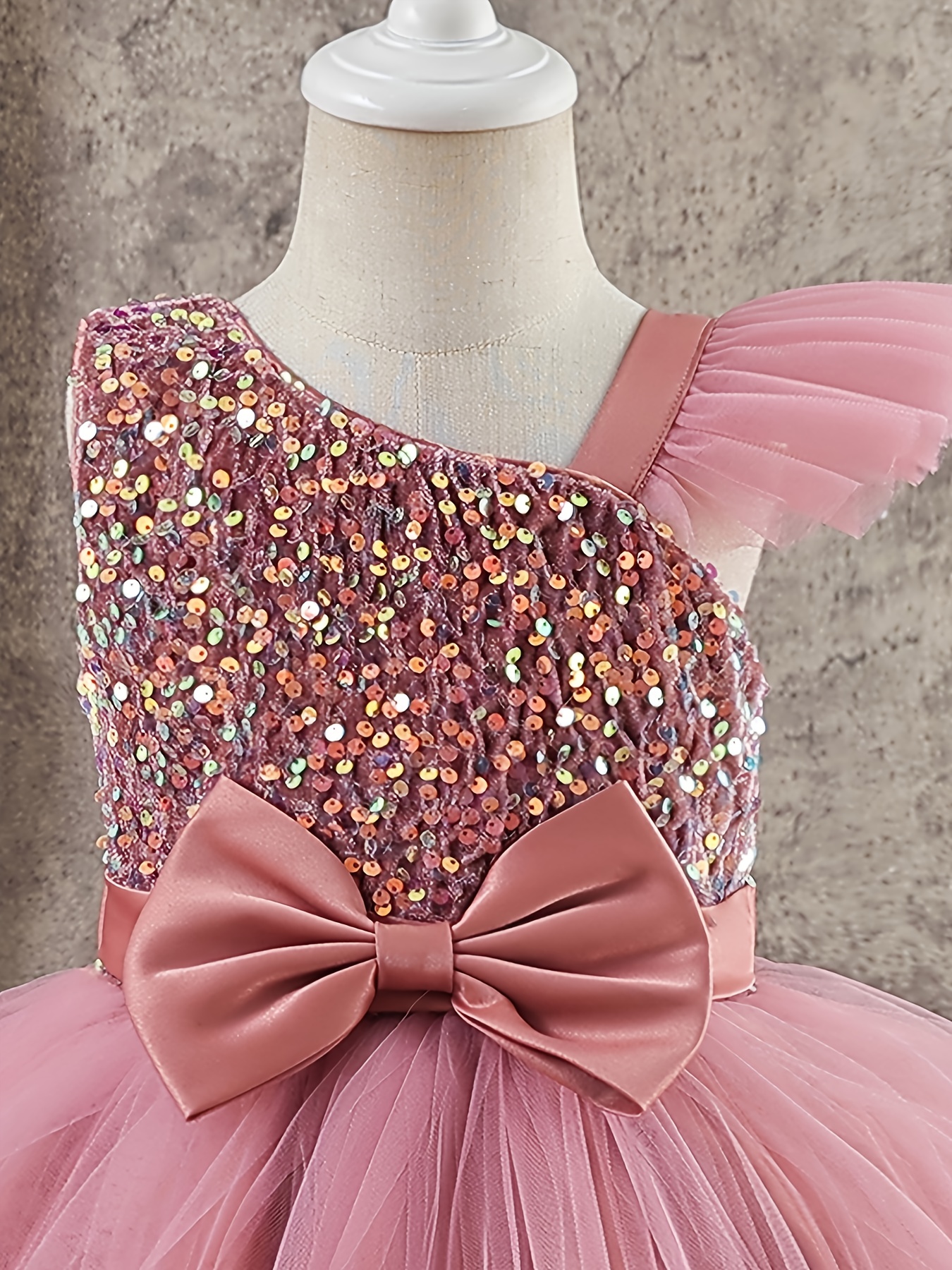 young girls pink sequin bow decoration splicing sleeveless - Temu