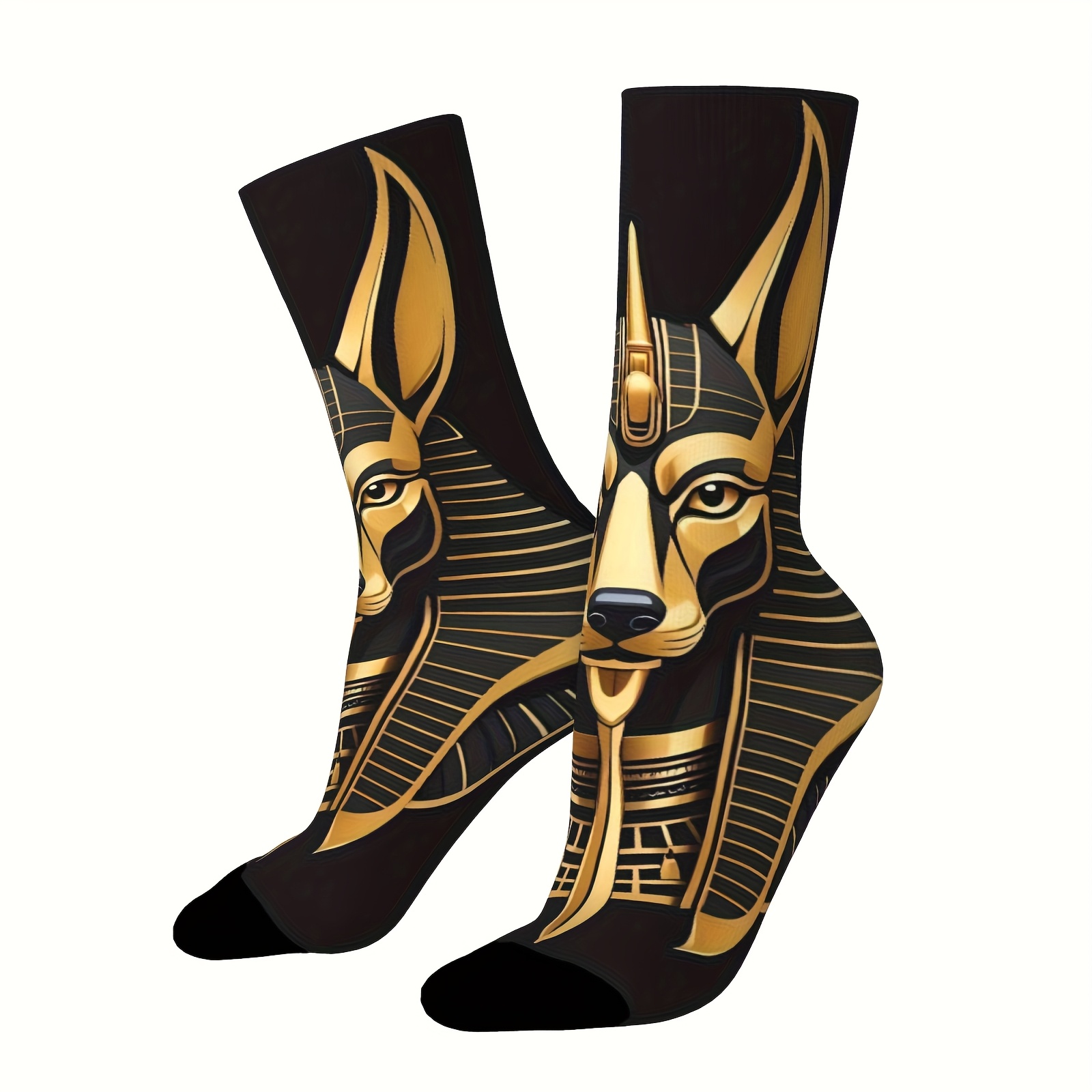 TEMU A Pair Of Unisex Outdoor Socks Featuring A Print Of Ancient Egyptian Statues, Mid-calf Length, Machine Washable, Suitable For Outdoor Sports