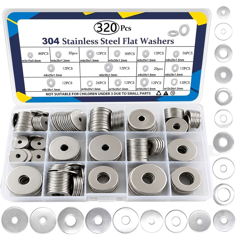 TEMU 320pcs Flat Washers, 304 Stainless Steel Fender Washers, 15 Sets Of Wide Washers In Sizes: M3, M4, M5, M6, M8, M10, M12 Flat Washer Kits