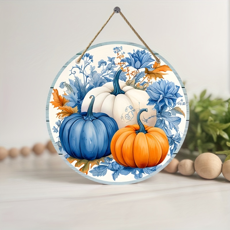 

Autumn Pumpkin Wreath Sign - Blue, Orange & White Wooden Hanging Decor For Front Door, Harvest & Thanksgiving Wall Art (8x8 Inches)