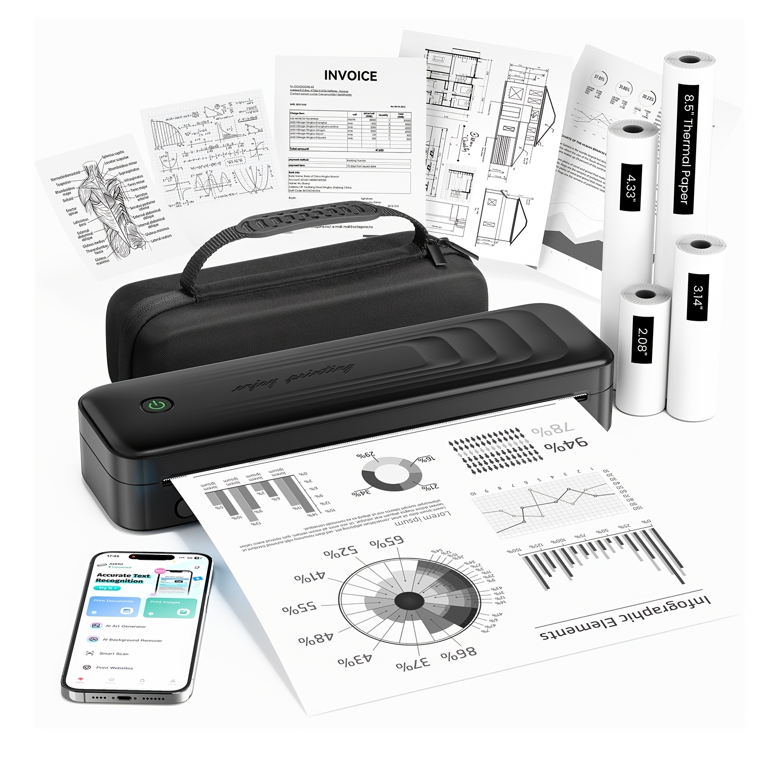 Image of Itari A281m Portable Printers Wireless For Travel, Inkless Thermal Printer Support 8.5" X 11" Us Letter & A4 Paper, Printer For Phones And Laptops, With Carry Case & 4 Rolls Thermal Paper