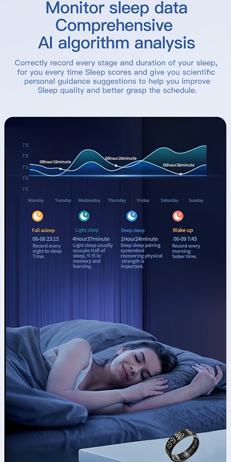 Protingas žiedinis fizinio aktyvumo seklys su ekranu, įrašo žingsnius, atstumą, kalorijas, miegą, stebi judėjimą, suderinamas su iPhone ir Android, atsparus vandeniui pagal IP68 standartą, išmanieji papuošalų priedai, tinkami moterims ir vyrams kaip dovanos, Valentino dienai ir kitoms šventinėms progoms