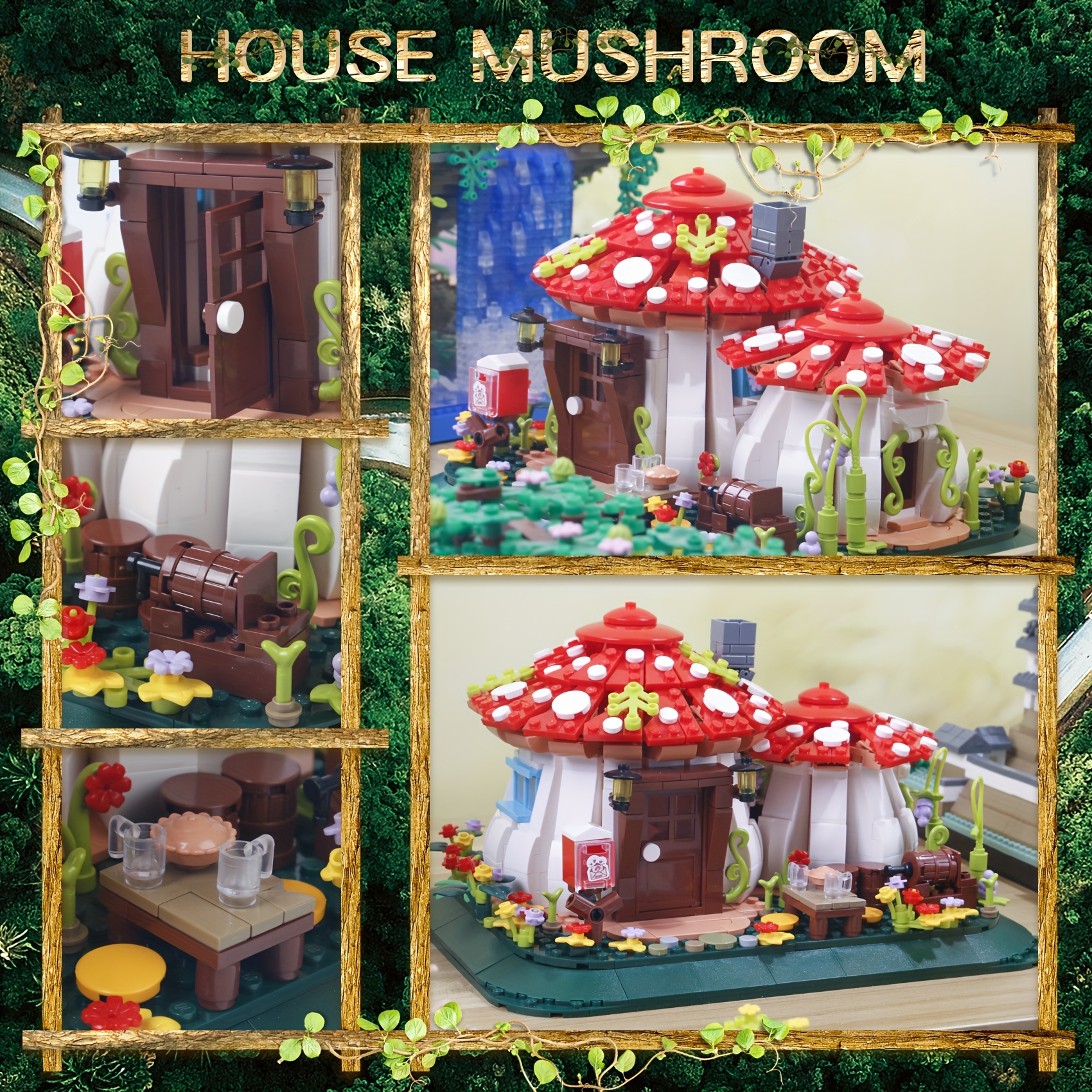 Mushroom House Building Blocks Set with Mushrooms Flowers Pathway