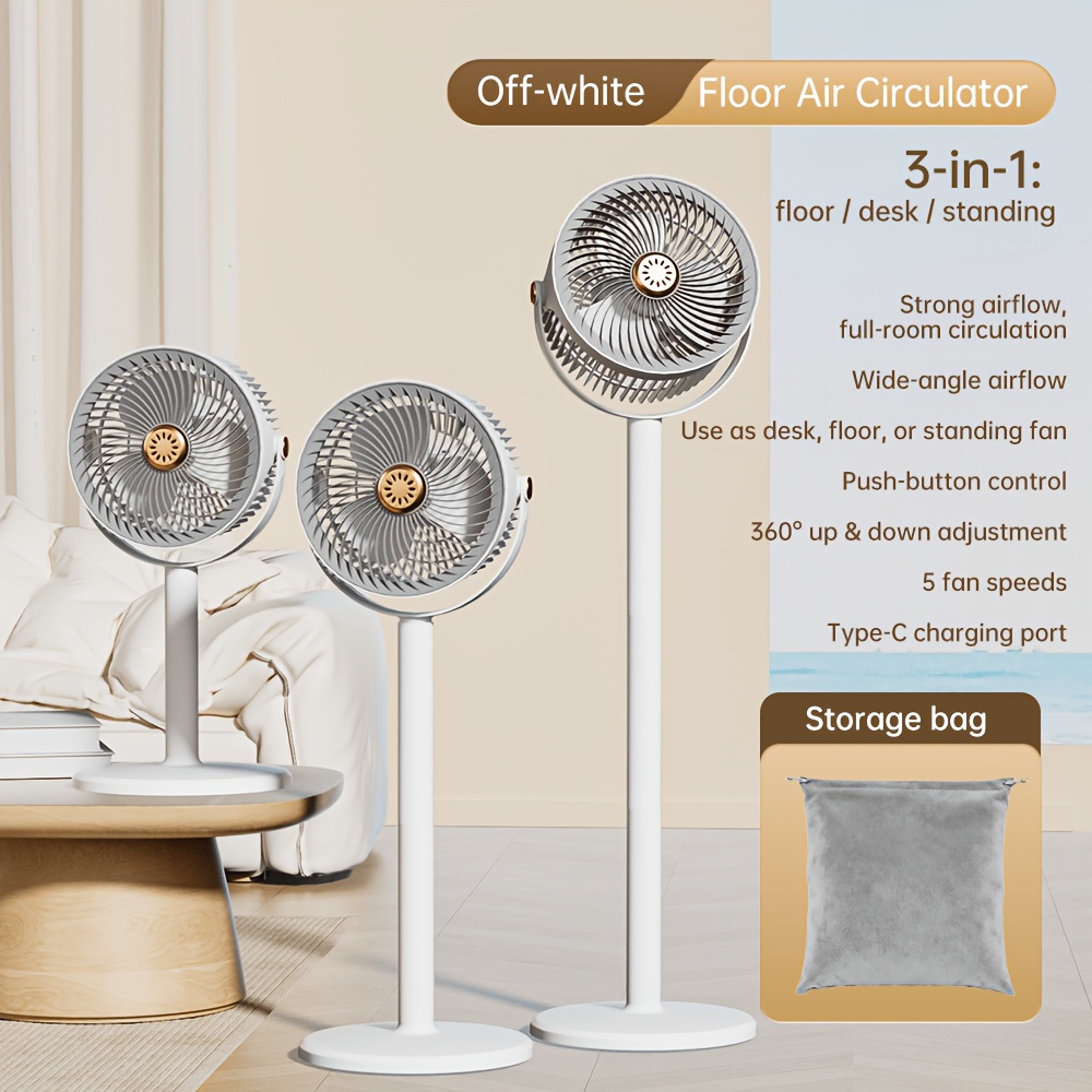 Ventilateur de Refroidissement à Air Rechargeable par USB - Appareil de Refroidissement Portable au Sol | 5 Vitesses de Vent, Flux d'Air Puissant | Conception Rétractable et Pliable | Fonctionnement S