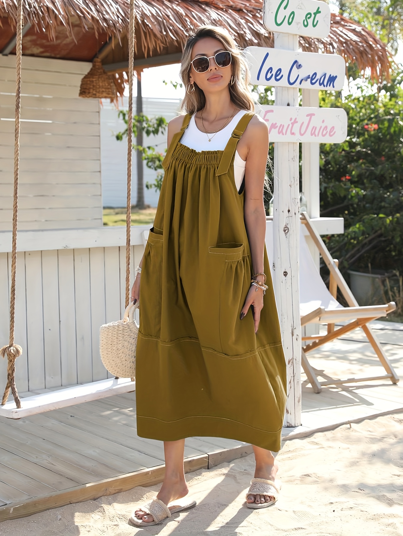 womens loose adjustable strap midi overall dress big pockets - Temu