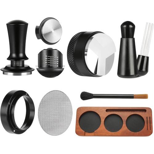 item picture 51mm multi functional italian style coffee machine 7pcs accessory set suitable for beginners solid wood tamping tamper full tool set tamping hammer solid wood base dosing tamping knock dosing tamping tool dosing cup