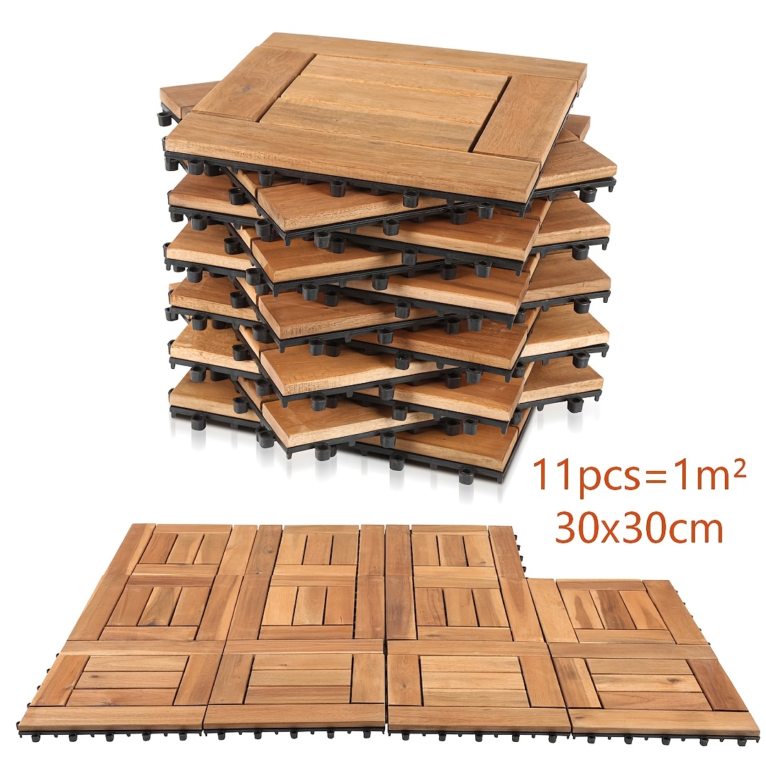Image of 2.4cm Thick Solid Wood Decking Tiles 30x30cm Interlocking 1m² Square Pattern Flooring Cuttable With Drainage System For Balcony Terrace Outdoor Garden Patio Installation 11pcs