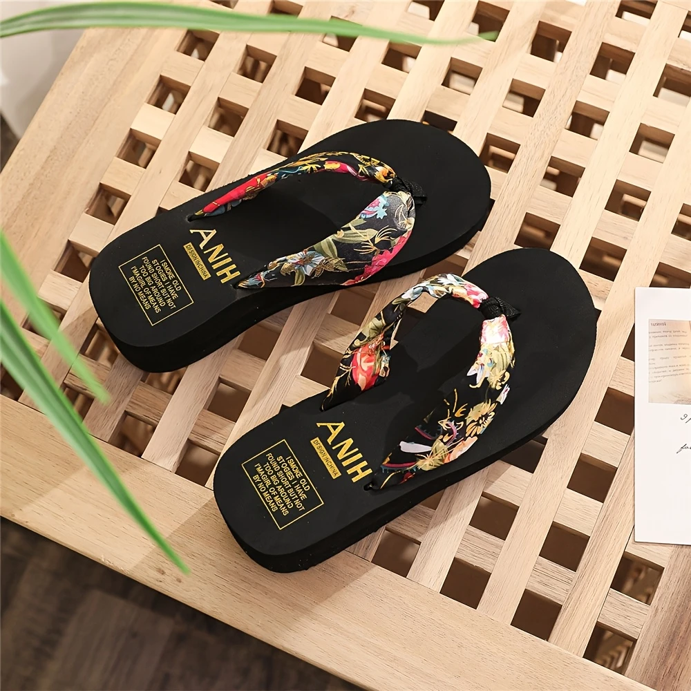 elegant style bohemian floral womens flip flops open toe breathable fabric straps cushioned eva sole summer beach sandals in black white beach accessories details 3