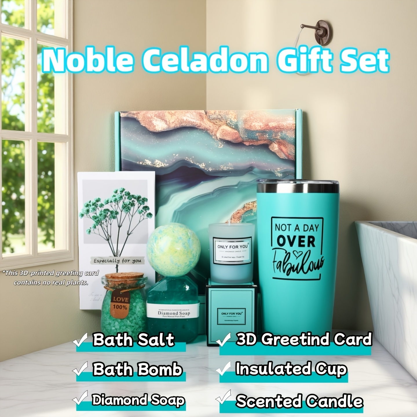 Elegant Teal Spa Gift Set - Bath Gift Set for Women, Includes Bath Bombs, Bath Salts, Insulated Mug, Scented Candle, Postcard, Soap. Perfect Gift for Birthdays, Valentine's Day, Thanksgiving, Christmas, New Year's, Anniversaries, and Easter Baskets - Image 2