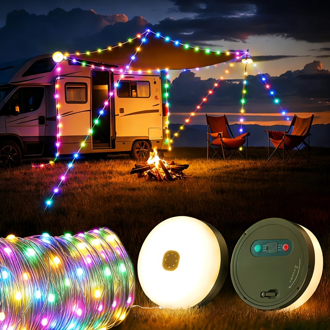TEMU Solar Camping String Lights, 35 Ft Fairy String Light, 4 In 1 Portable Waterproof Camp Led Lamp With 8 Lighting , Hanging Rechargeable Tent