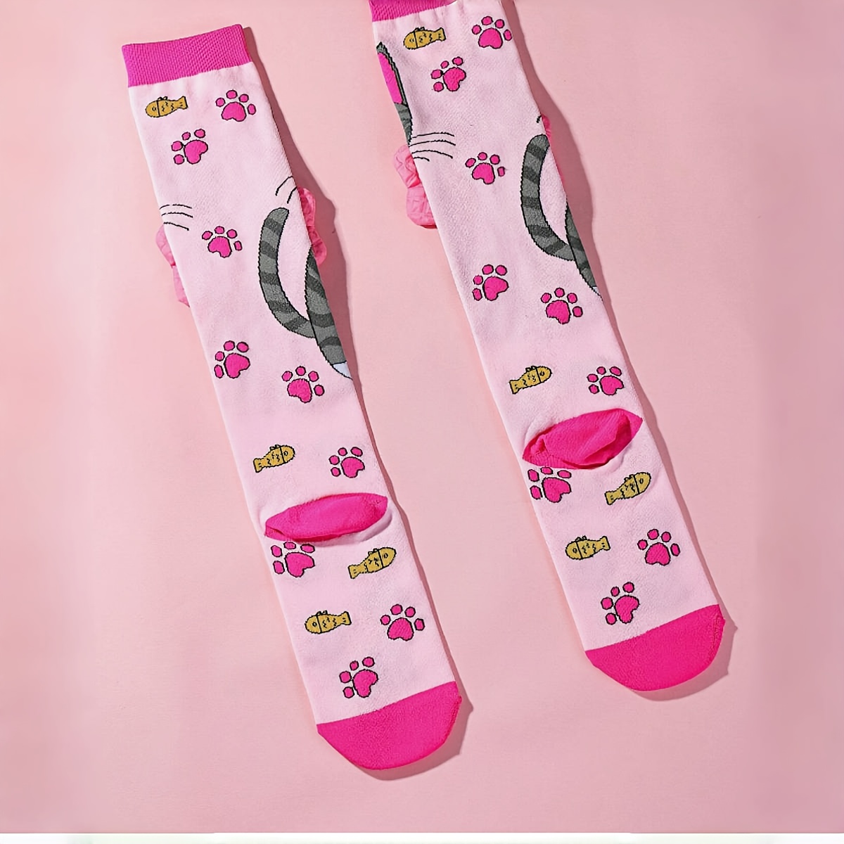 1 Paar Meisjes Over-de-Knie Sokken met Schattig Kattenontwerp & Roze Strikjes - Levendige Roze Polyester Sokken voor Alle Seizoenen