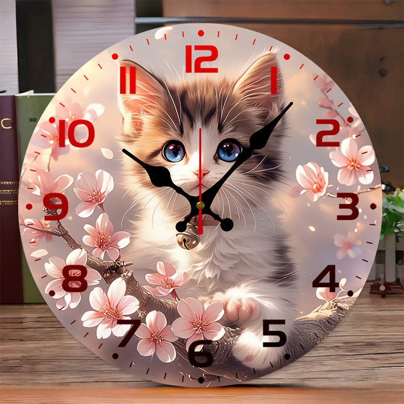 runde   wanduhr mit niedlichem kätzchen- und kirschblüten-design von 10 zoll - holzsperrholz, batteriebetrieben (aa-batterie nicht enthalten) -   für wohnzimmer, arbeitszimmer oder als geschenk für freunde & familie