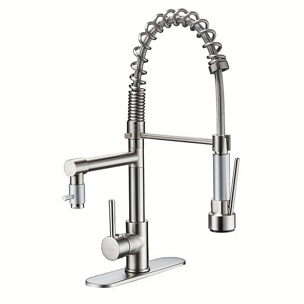 

Brushed Nickel Kitchen Faucet With Pull Down Sprayer Commercial Single Handle Stainless Steel 2 Spout Kitchen Sink Faucet Deck Plate
