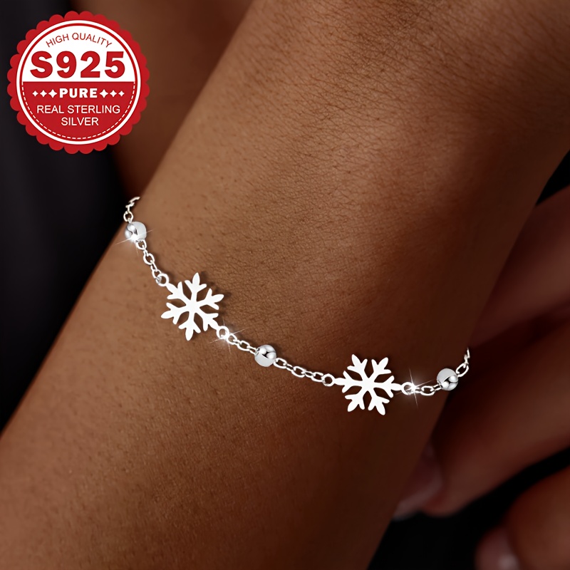 TEMU Christmas Gift, 1pc Women's Fashion Bracelet, S925 Sterling Silvery Snowflake Beaded Design, Classic And , Accessory For Casual Attire,
