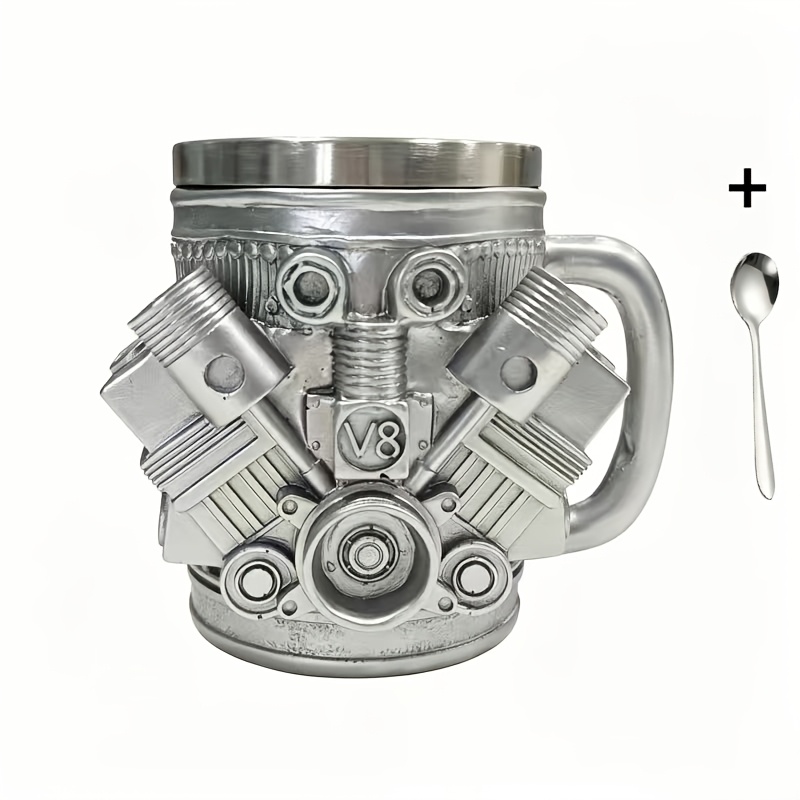 Image of Design Mug - Handmade Automotive Coffee Cup, Mechanic And Racing Fan Gift, Vintage Car And Motorcycle Inspired Drinkware. With A Free Spoon