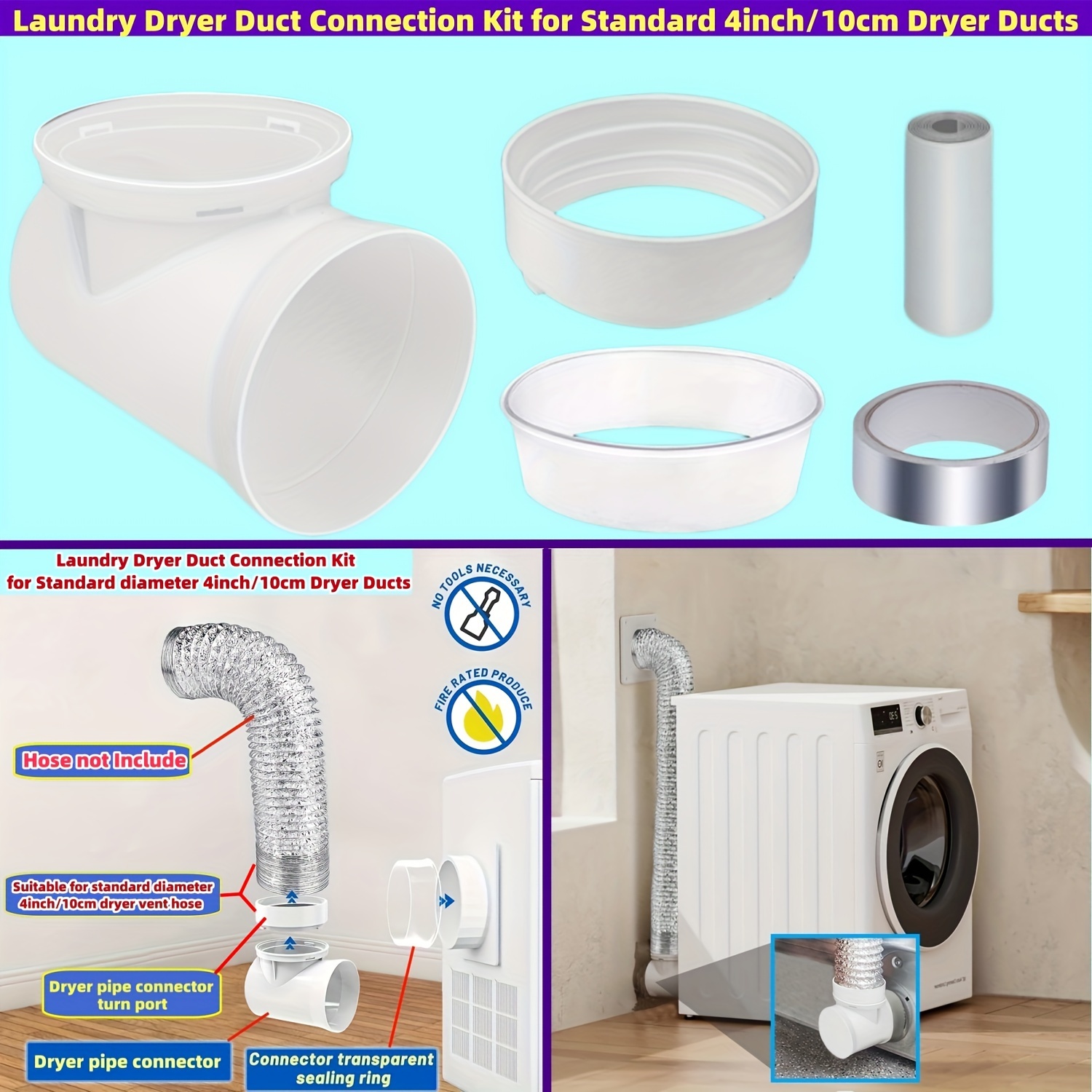 

Laundry Dryer Duct Connection Kit, Suitable For Standard 4inch Dryerducts, Indoor Hook-up Dryer Vent Kit With Fixed Bracket Andstv-90 Dryer Duct Connector Kit