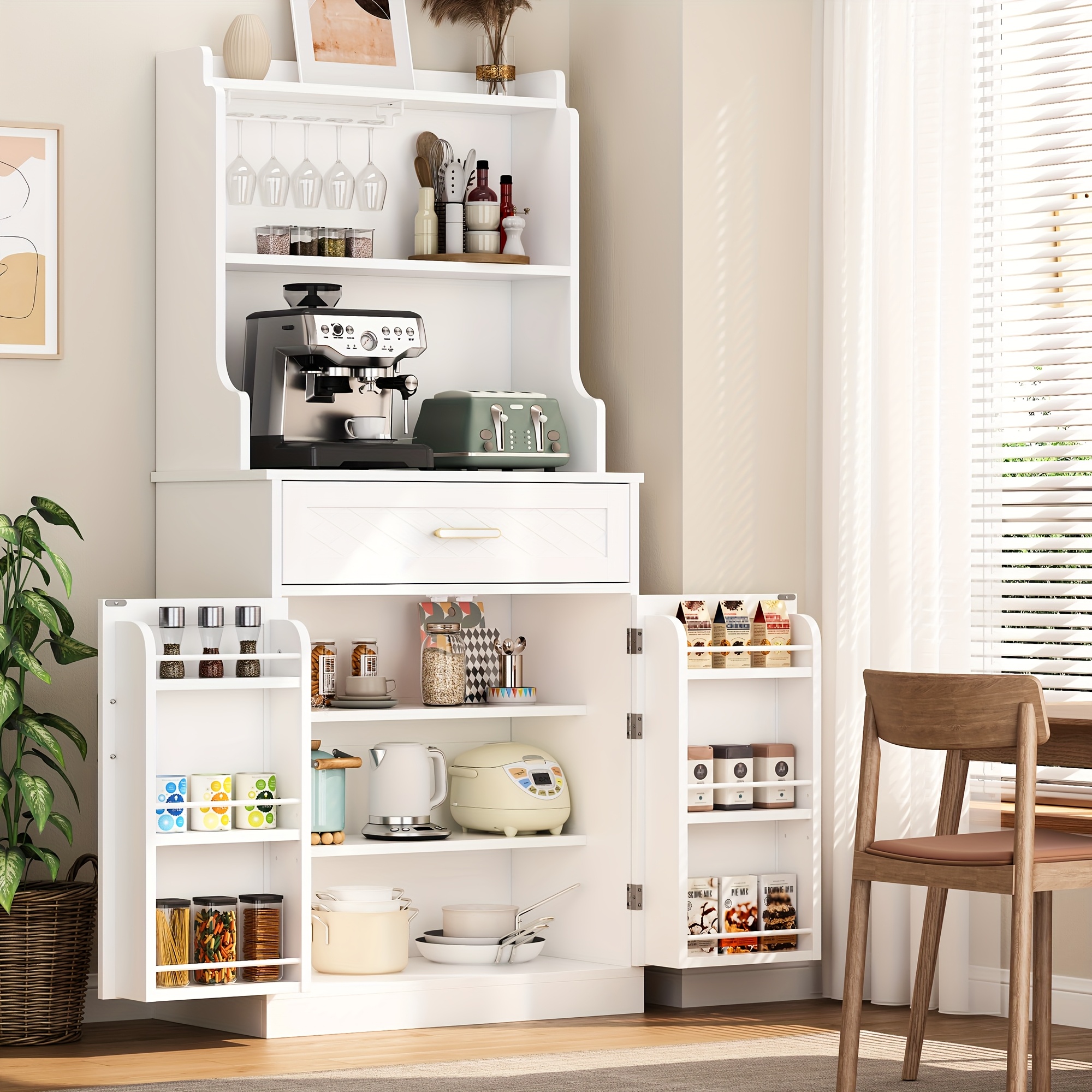 MIDODO 64'' Tall Kitchen Storage Cabinet, Freestanding Kitchen Hutch With Microwave Stand Pantry Cabinet With Adjustable Shelves