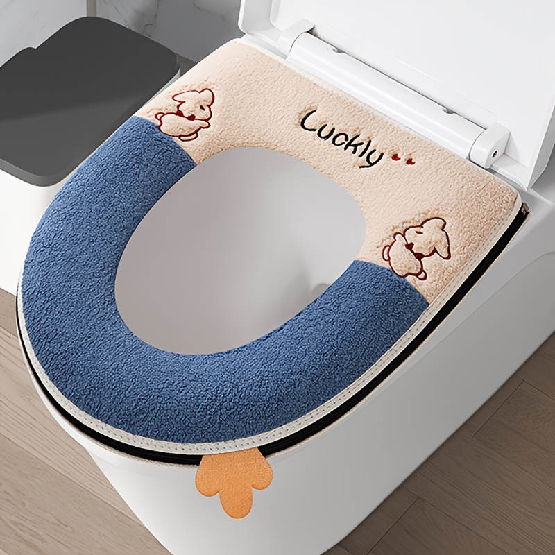 Image of Colorful Plush Autumn Winter Toilet Cover, , Soft And Comfortable, Machine Washable, Zipper Closure, Suitable For Styles Of Toilets, 1pc