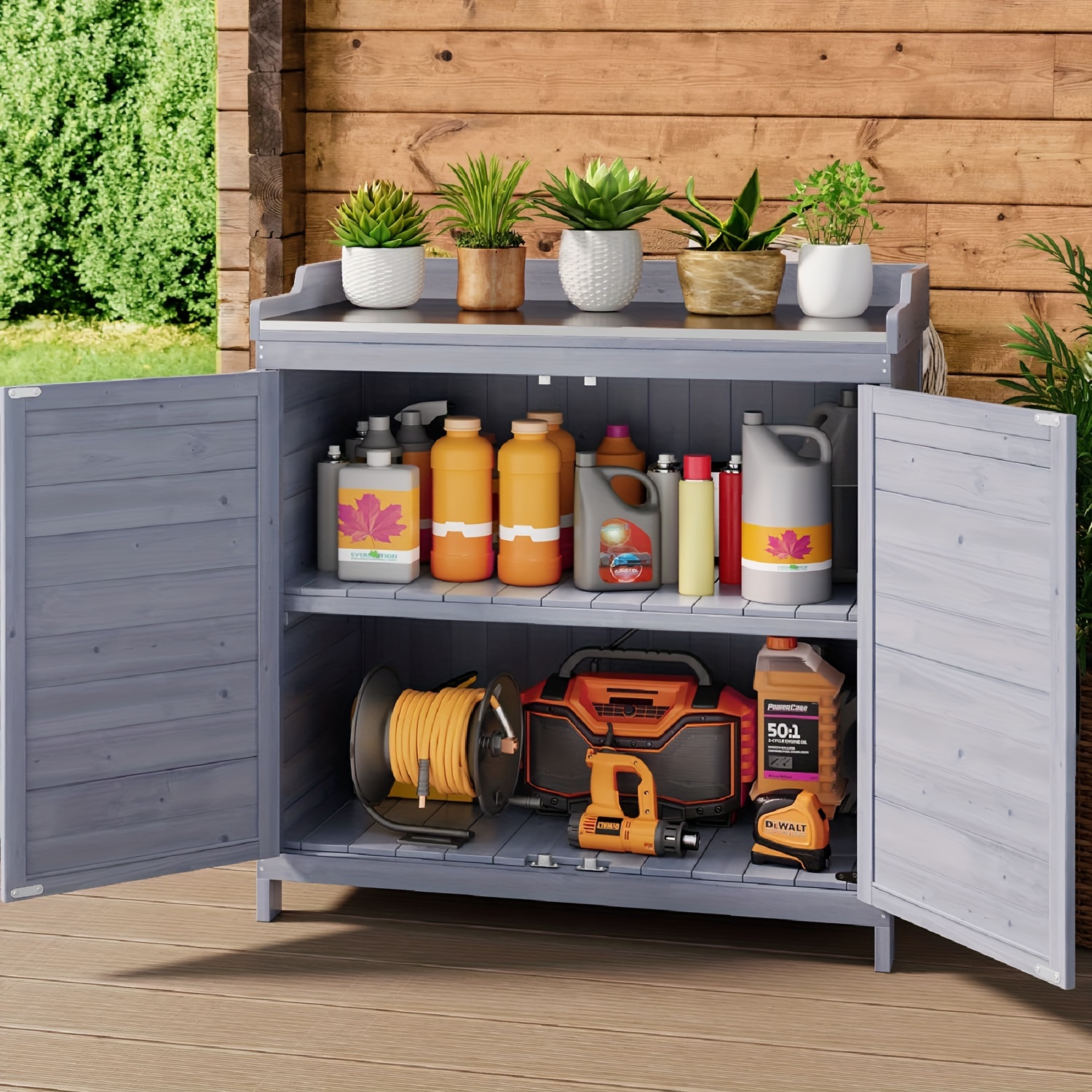 

Spacious Grey Wooden Outdoor Potting Bench With Metal Top - Waterproof Garden Storage Cabinet, Adjustable Shelf & For Patio, Lawn & Backyard , Box,cabinet,rack For Outdoor Storage