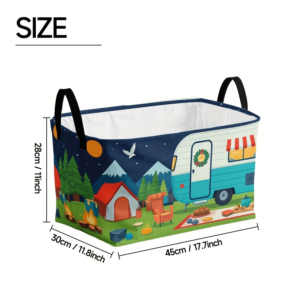 E-shop 1pc Nacht-Camping-Muster-Aufbewahrungskorb mit Griffen – Lebendige Van, Lagerfeuer- und Outdoor-Szenen-Design, strapazierfähiges