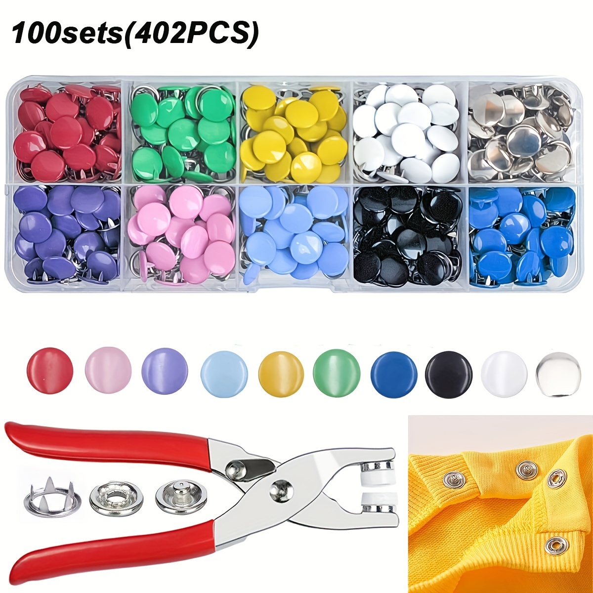 

Sets (402 Pcs) Stainless Steel Snap Fasteners With Manual Pressure Pliers - Ideal For Sewing Snap Buttons, Diy Crafts, Clothing, Hats, Bags & Sewing Accessories (10 Colors)