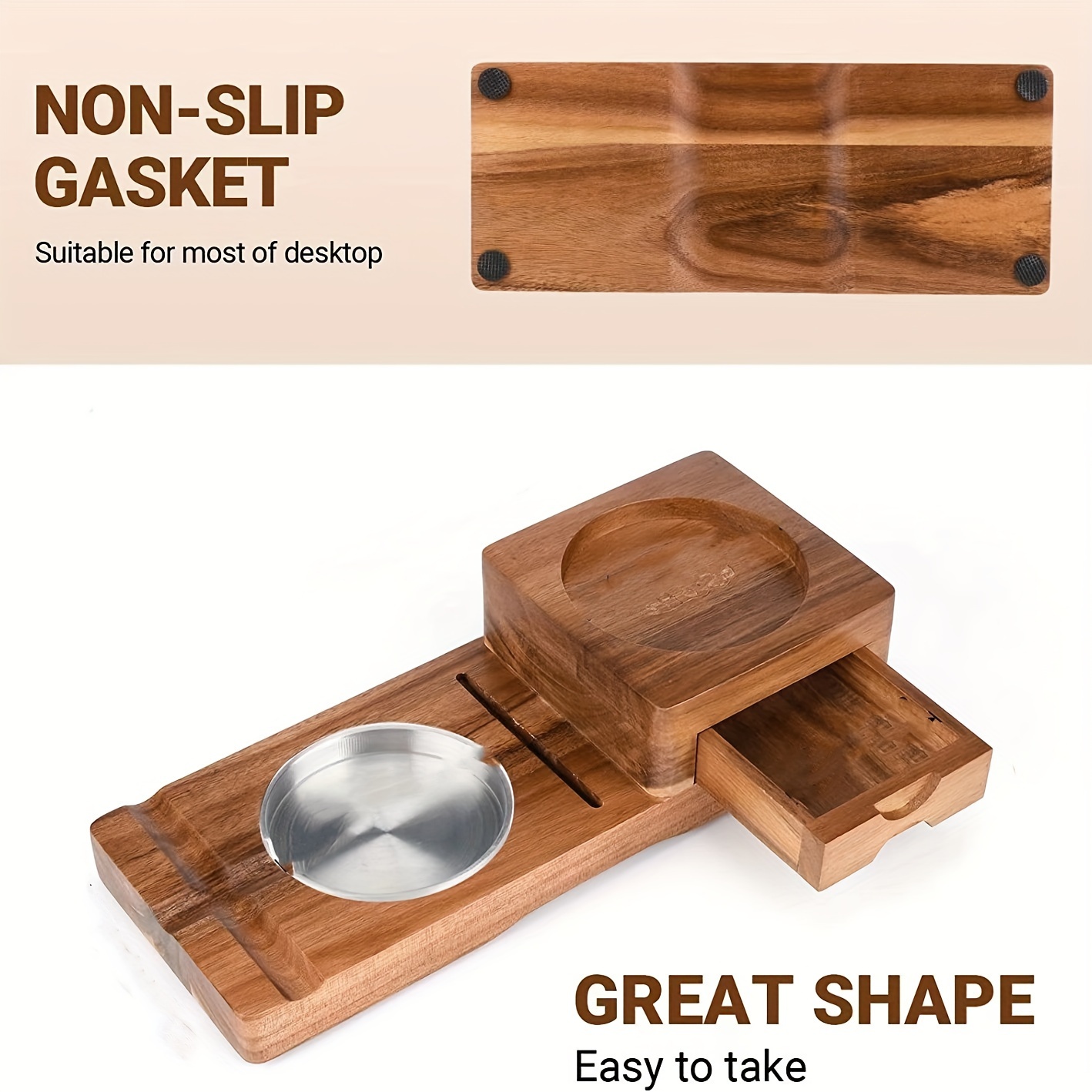vintage acacia wood ashtray with whiskey glass holder rectangular no power needed perfect for home car use details 5