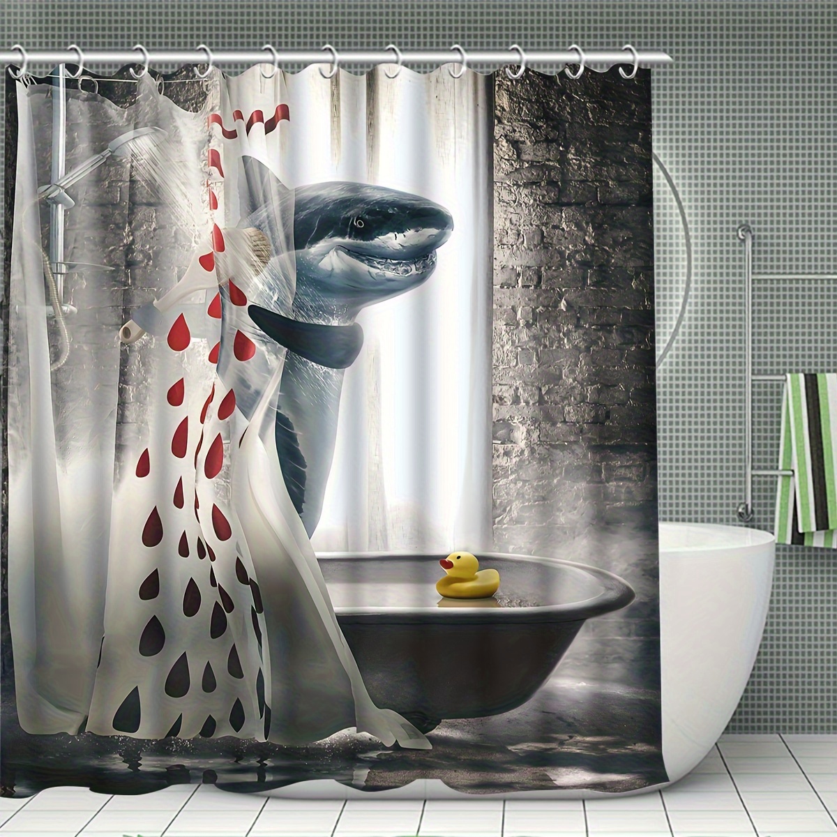 1/4pcs Funny Shark Print Shower Curtain Set, Waterproof Shower Curtain With  12 Hooks, Non-Slip Bath Rug, U-Shape Mat, Toilet Lid Cover Pad, Bathroom S