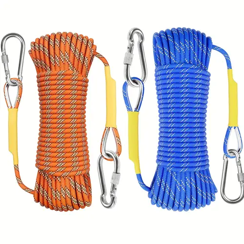 heavy duty outdoor climbing rope for adults 20kg capacity high visibility orange blue with yellow accents static rope for rock climbing ice climbing parachute escape gear tree climbing gear sturdy metal carabiners