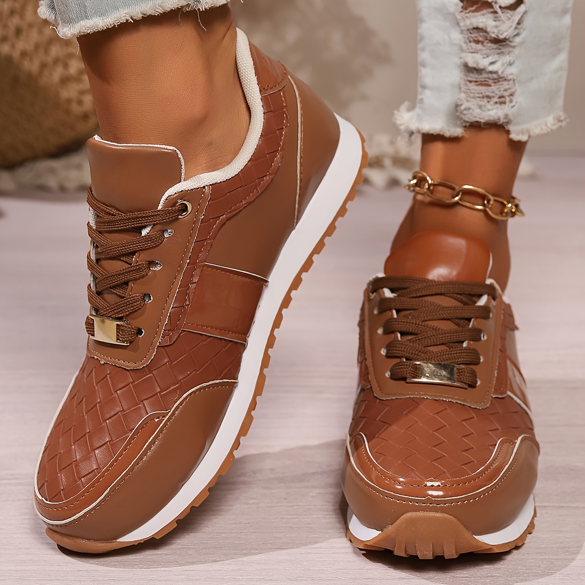 Women's Fashion Sneakers Leather Casual Shoes, Classic Lace-* Comfortable  Walking Shoes