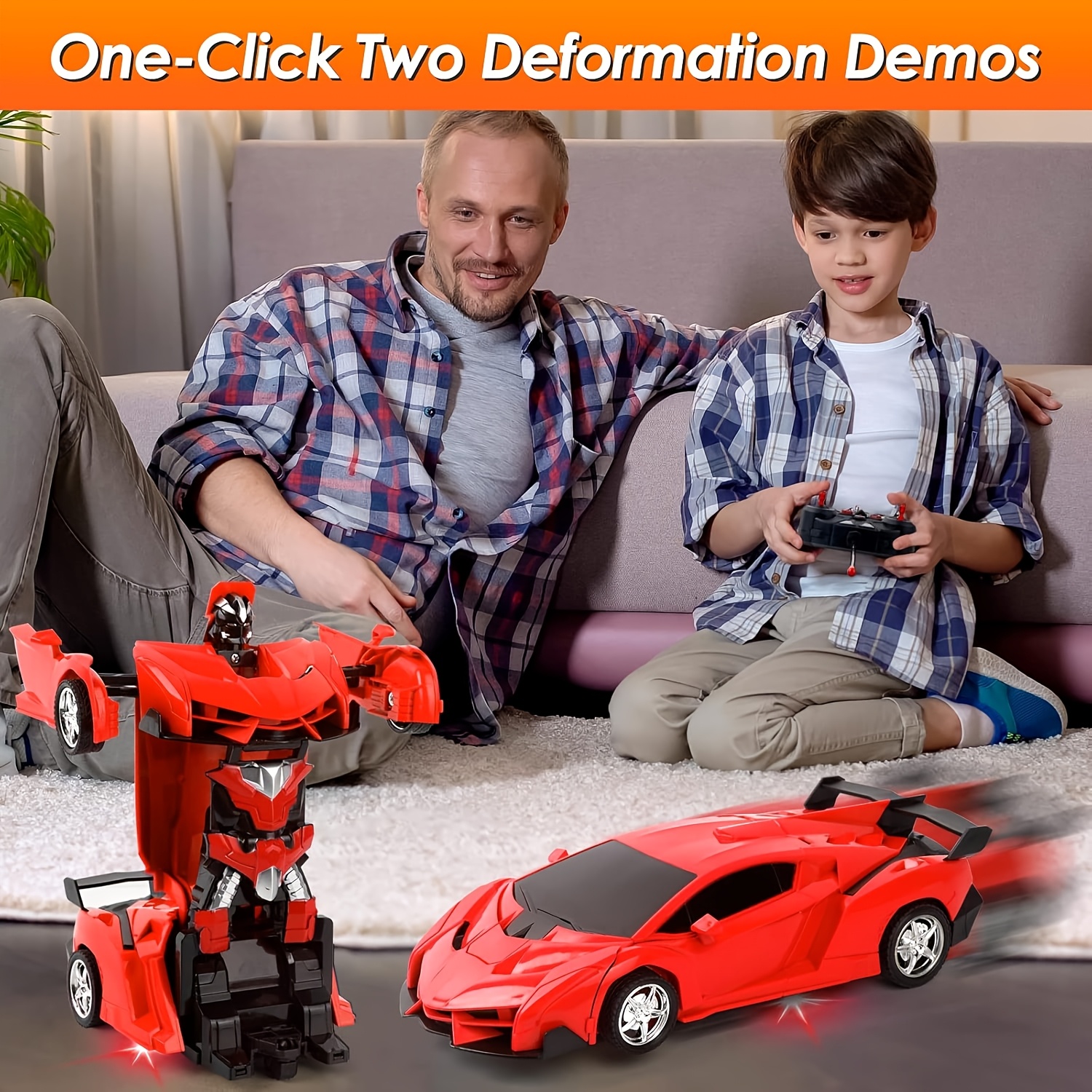 1:18 Scale Yellow Robot Transforming Remote Control Car for Youngsters - 360° Rotating LED Lights, 14KM/H, Rechargeable Lithium Battery (800mAh*2), USB Charging, Flashing Taillights & Headlights, Futuristic Design - Perfect Christmas or Birthday Gift, Fun Outdoor Play | Sleek Aerodynamic Design | Rechargeable Toy, SHOLLAR