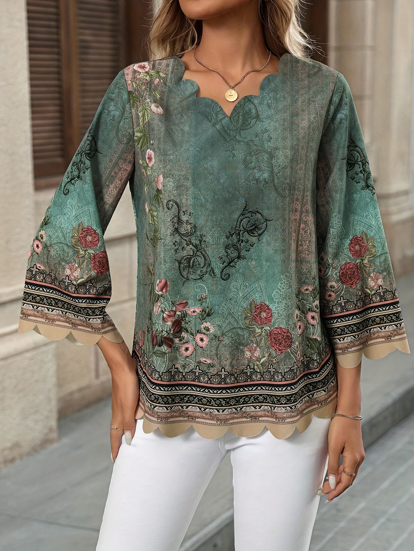 Wave Print V-Neck T-Shirt, Fashionable Loose Comfortable Versatile Women's T-Shirt