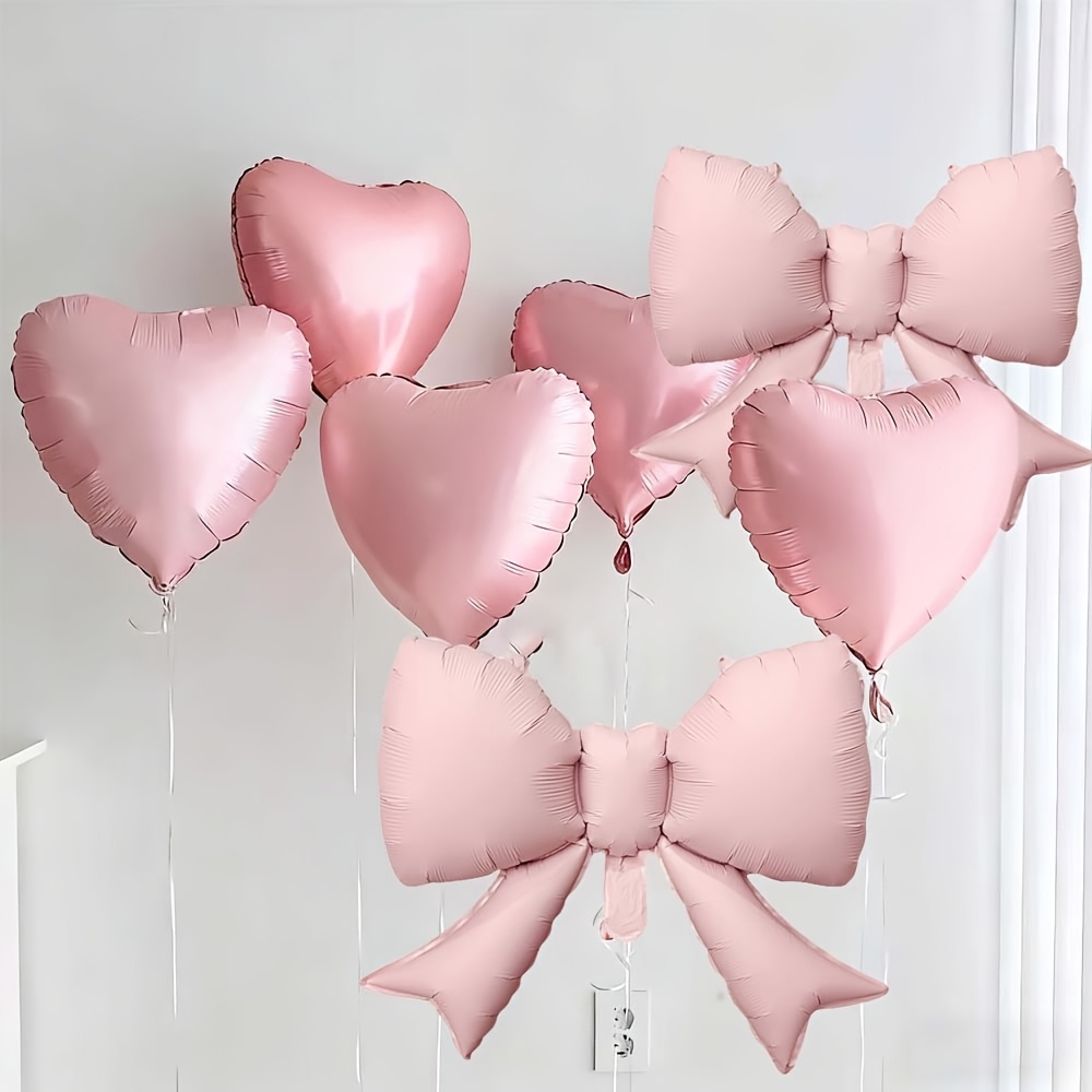 7pcs Set Pink Heart Bow Foil Balloon Kit For Weddings, Birthdays, Anniversaries, Valentine's Day, New Year, And Christmas Decorations