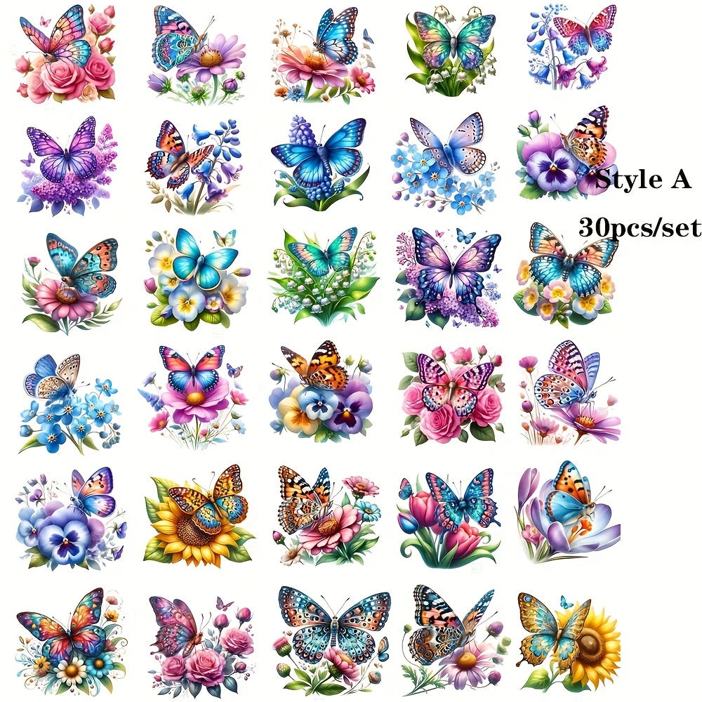 E-shop 30 Stück/Set Handgemachte Kreative Vintage Frühlings-Aquarell-Multicolor-Schmetterlingsblumen-Honigkollektion Hochwertige Aufkleber für