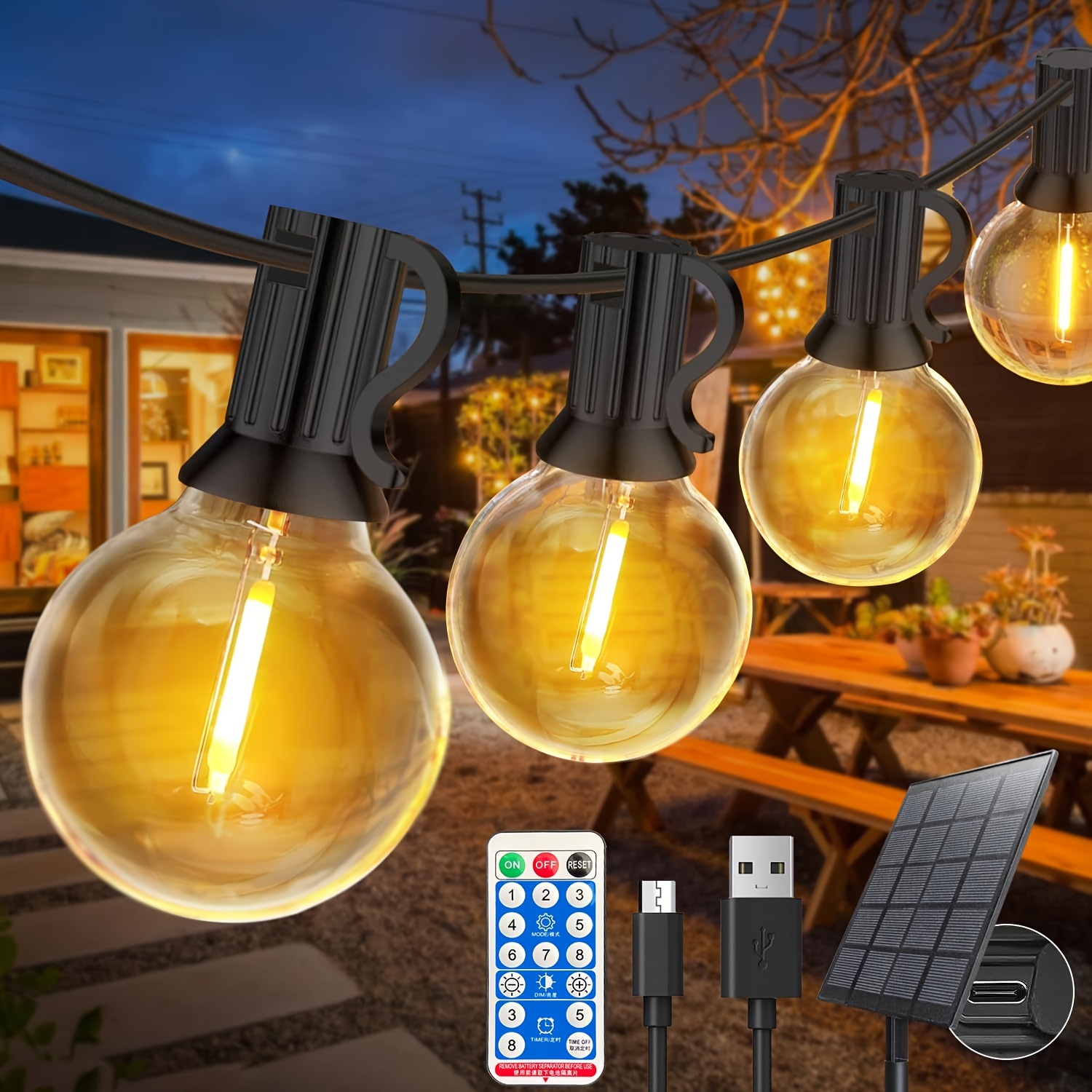 

15m Solar String Festoon Lights Outdoor Garden, 25+1 G40 Leds Usb Outdoor With Remote, 8 Modes, For Garden, Wedding, Backyard, Party, Patio