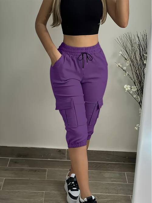 womens solid color casual sporty eighth pants with side cargo pockets and stretch fabric
