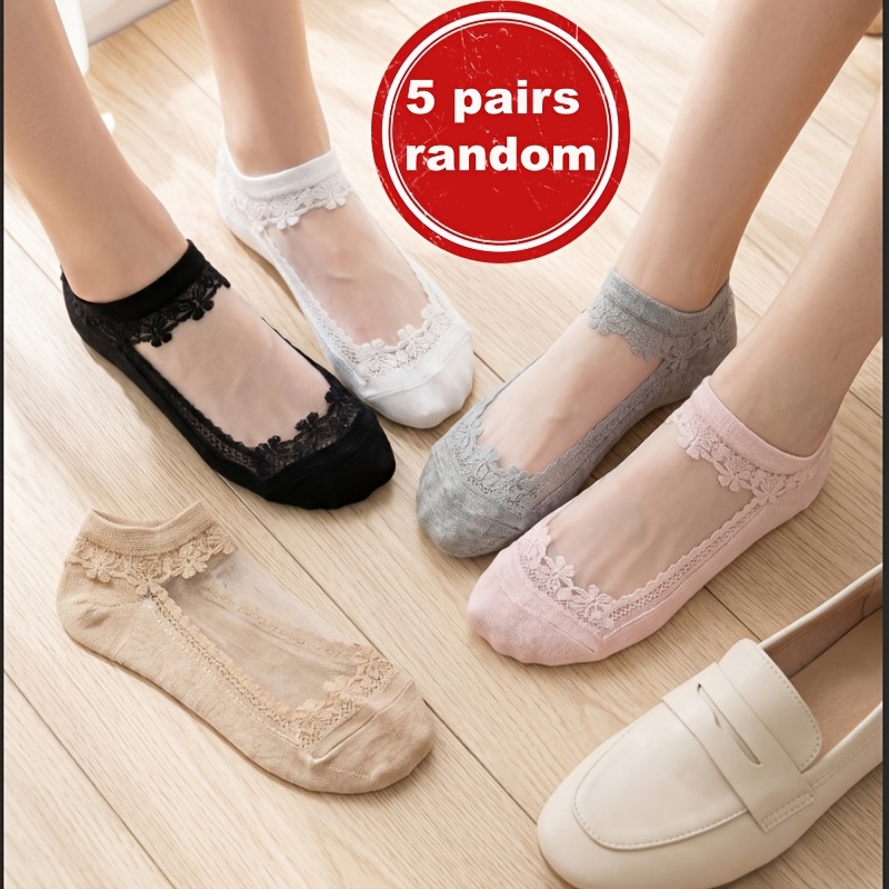 TEMU Random 5 Pairs Of Light-colored Invisible Boat Socks Mixed Colors, Crystal Socks Glass Stockings Summer Thin Breathable Women's Short Socks