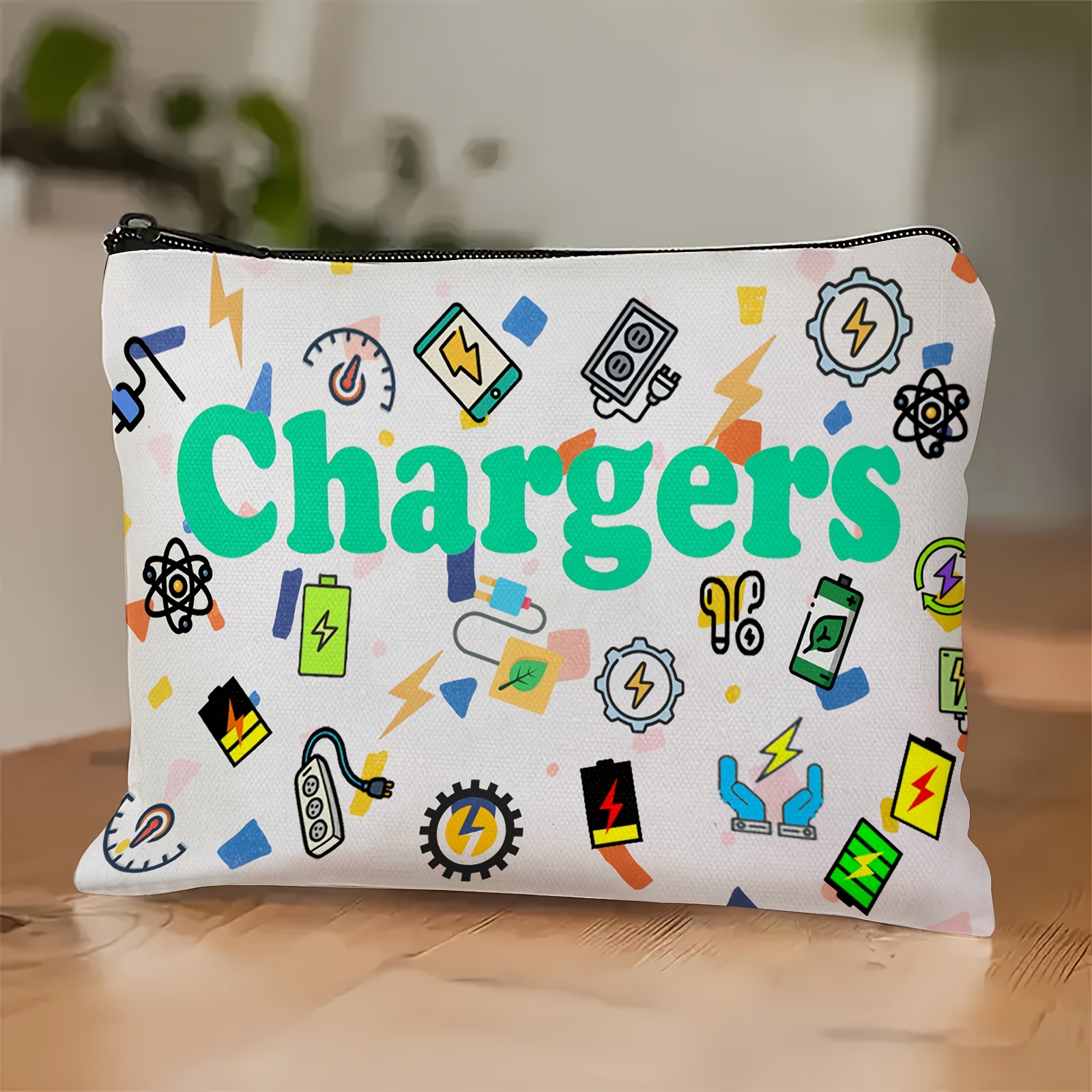 

1pc Unisex Canvas Makeup Bag With Charger Print - Electronics Accessory Travel Case, Cosmetic Pouch, Toiletry Organizer, Zippered Storage For And Gadgets, , Multi-use Handbag