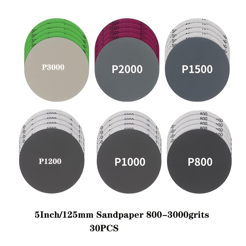 TEMU 30pcs Of 5-inch Wet And Dry Sanding Discs, 800, 1000, 1200, 1500, 2000, 3000 Grit Combination, Made Of, With Hook And Loop Backing, Suitable For