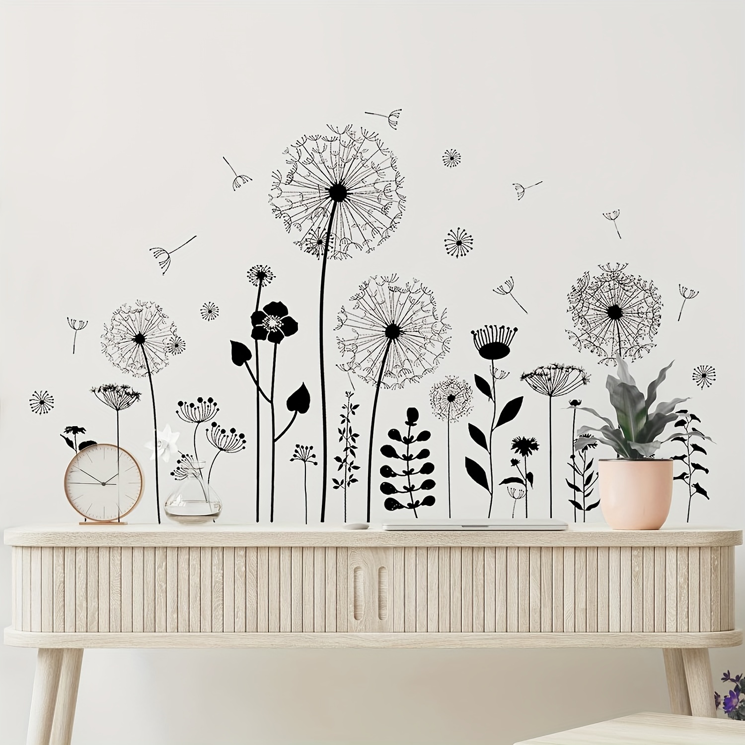 Image of 2pcs Soft Black Dandelion Wall Stickers, Attractive Flying Flower Stickers Wall Art Stickers For Bedroom, Living Room, Office, Sofa Wall Decoration