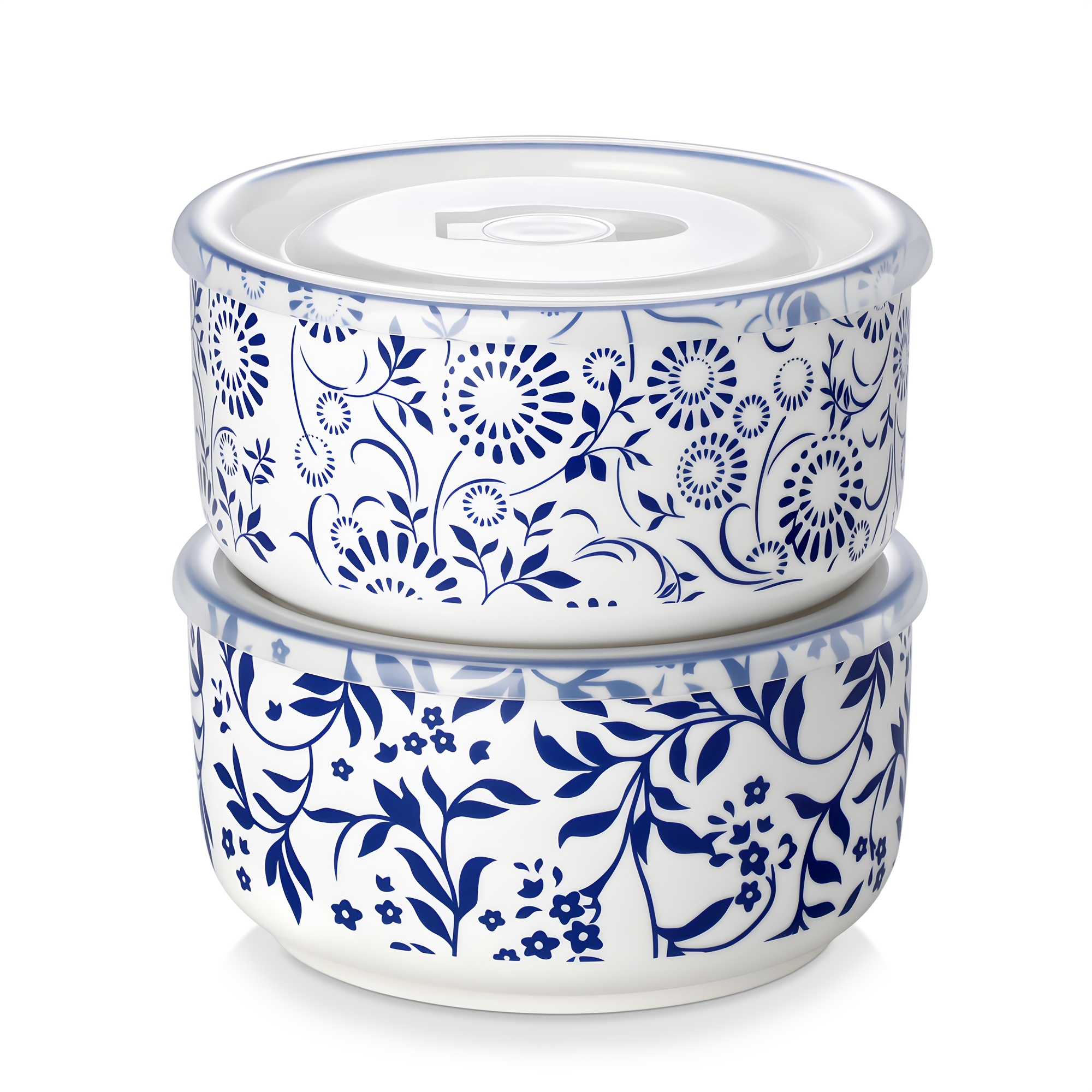 Ceramic Bowls Set With Lid: Microwave Safe Soup Containers For Meal Prep, Cereal, Salad, Picnic, Camping, , Kitchen Food Storage - 6 Inch, 36oz, Blue And White Porcelain Food Storage Bowls Set Of 2