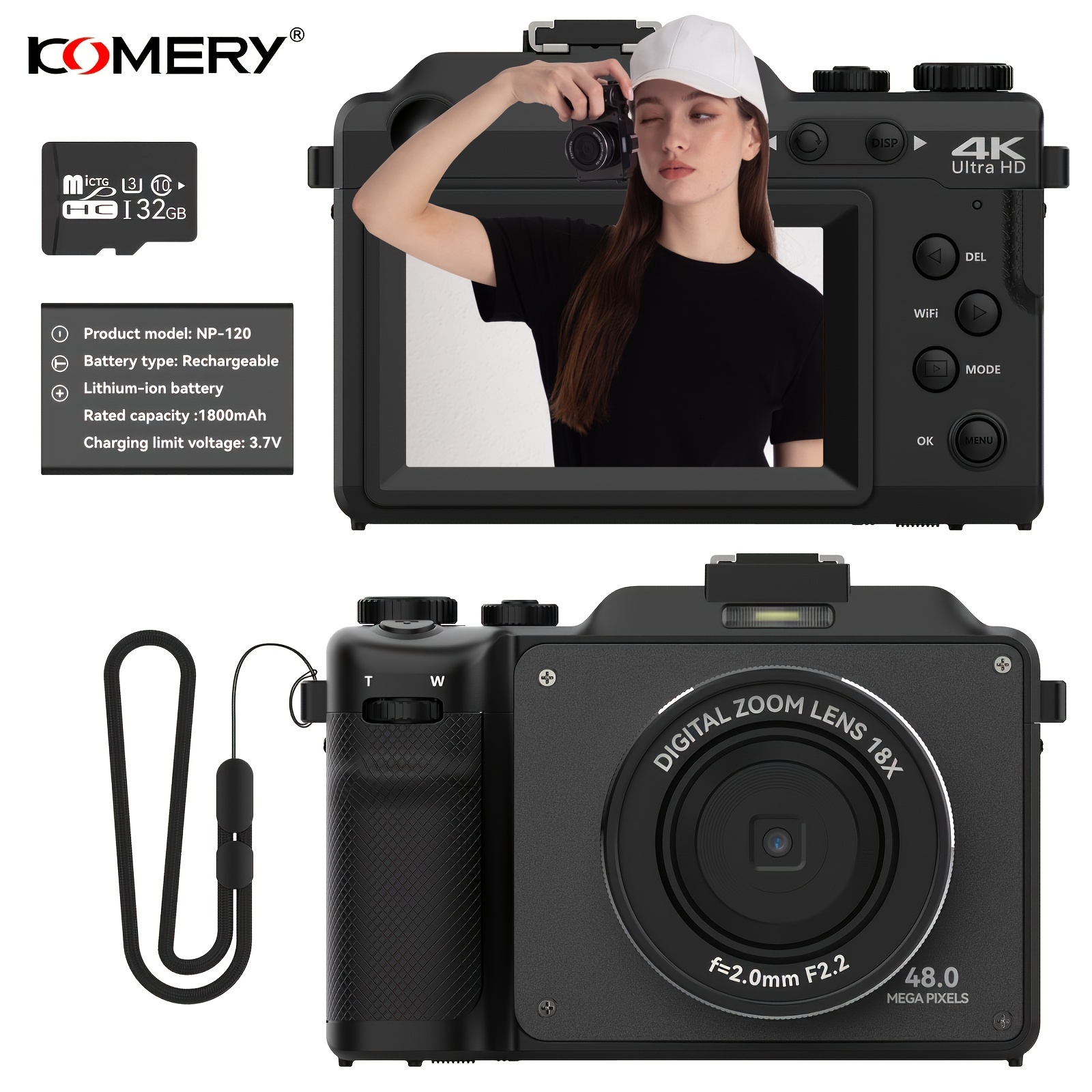 

48mp Digital Camera For Photography, 4k Vlogging Camera With Front And Rear Dual Cameras, 18x Digital , Built-in Filters, 3.0-inch Screen, 32gb Tf Card & Rechargeable Battery (black)