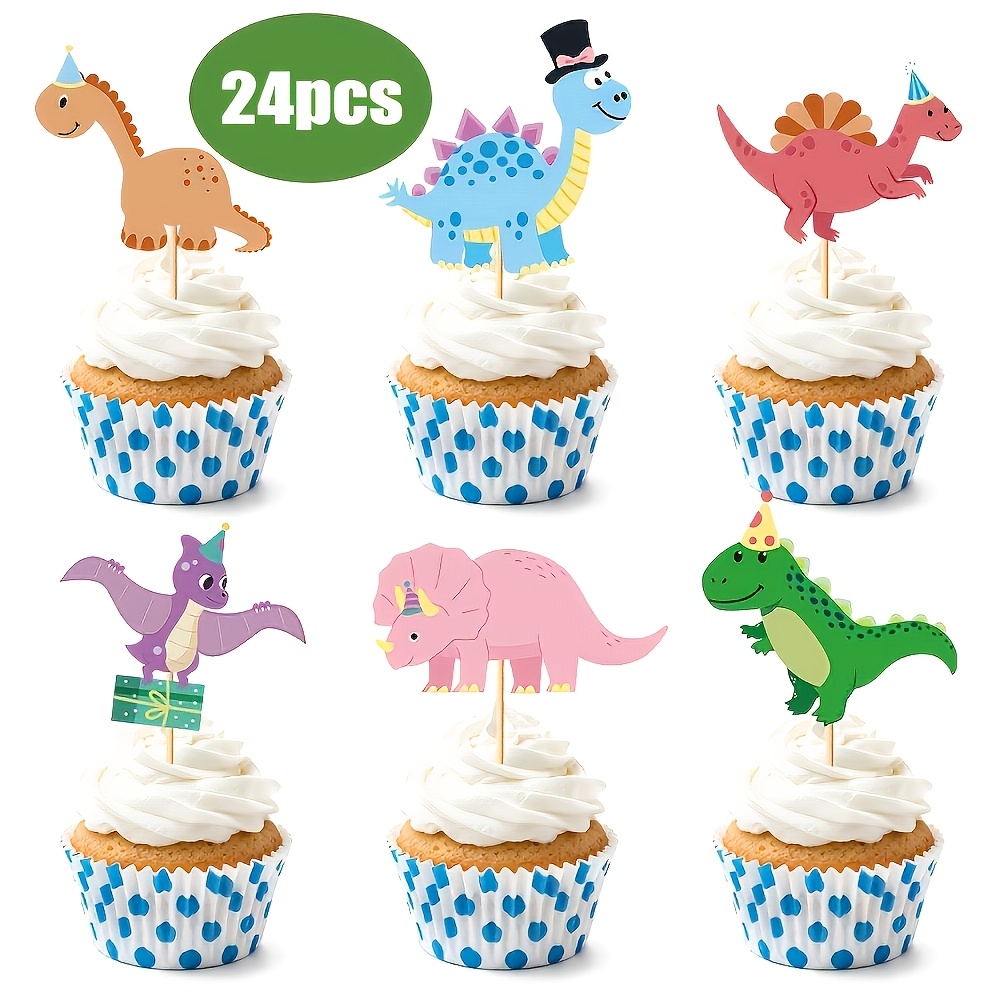 24/48pcs Birthday Cupcake Decorations, Cartoon Dinosaur Cake Decorations, Birthday Party Supplies, Birthday Party Decorations, Cupcake Topper Decorations, Halloween, Christmas